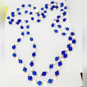 Vtg Czech Glass Bead Necklace 57'' Cobalt Blue Opaque White Milk Glass Art Deco